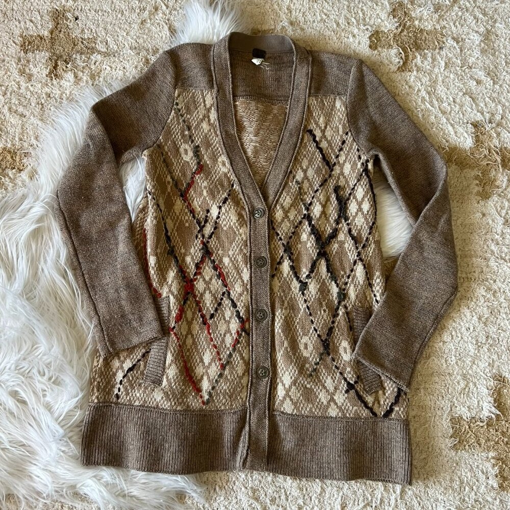 We The Free by Free People Long Tan Plaid Argyle Cardigan Sweater XS